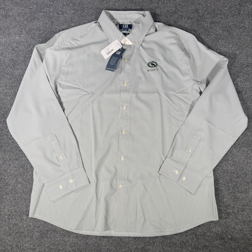 Cutter & Buck Dress Shirt Skyline Eco Pinstripe Quanta Logo XL Green White Mens